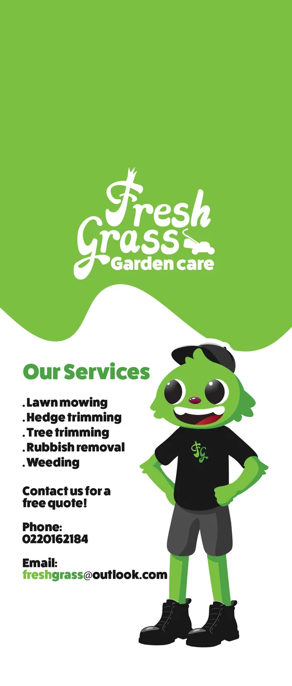 Fresh Grass door hanger, back: the grass mascot beside a list of garden services
