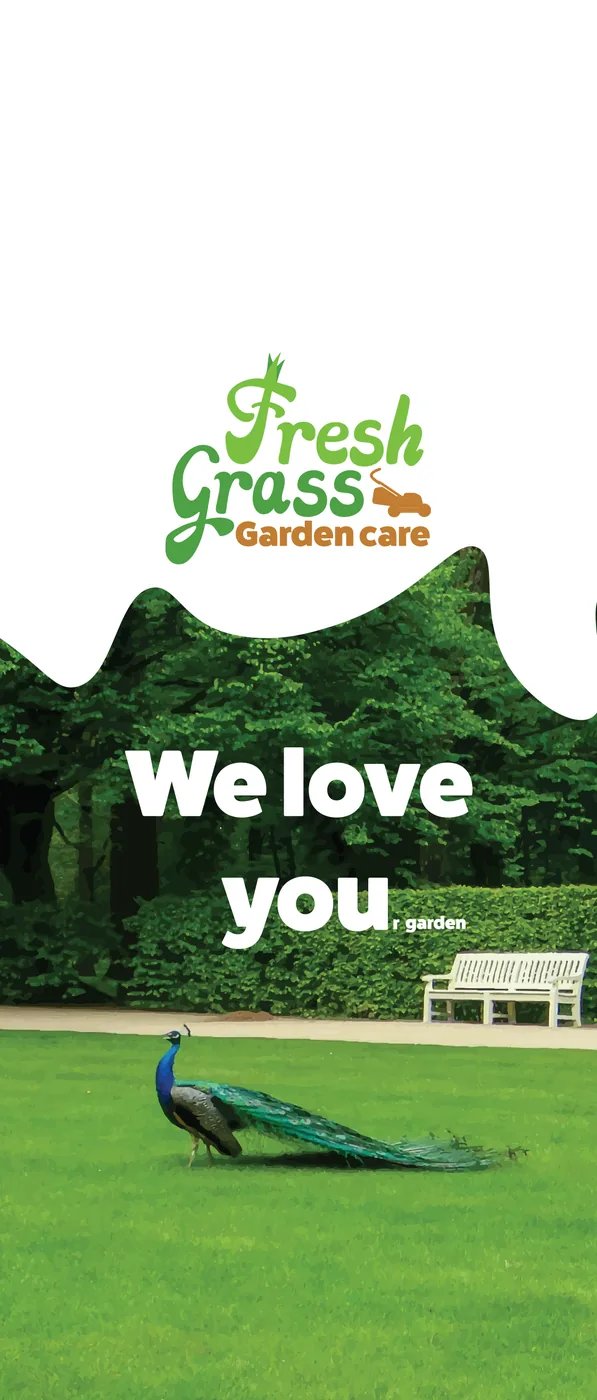 Fresh Grass door hanger, front: 'We love your garden' over a lawn with a peacock