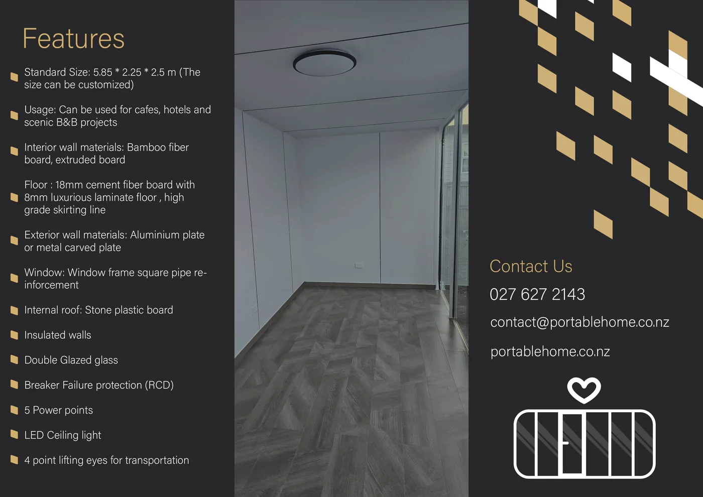 Portable Home tri-fold brochure, inside: features list, interior photo and contact details