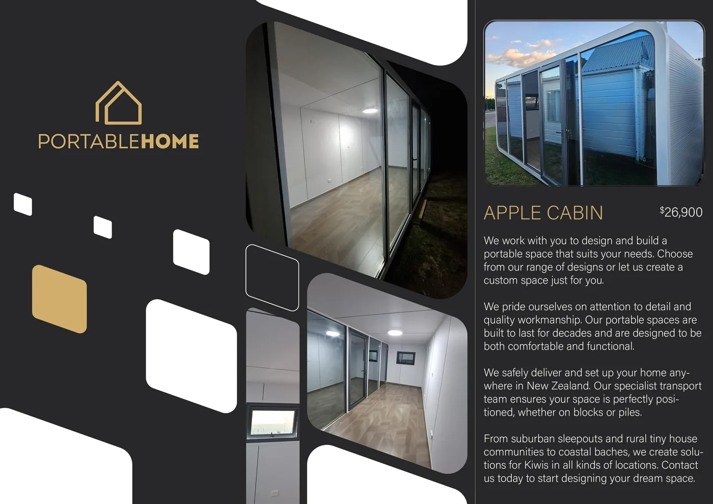 Portable Home tri-fold brochure, outside: cover and Apple Cabin panels